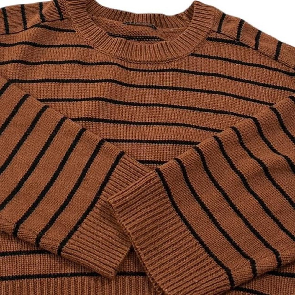 T Tahari Rust and Black Striped Crew Neck Sweater